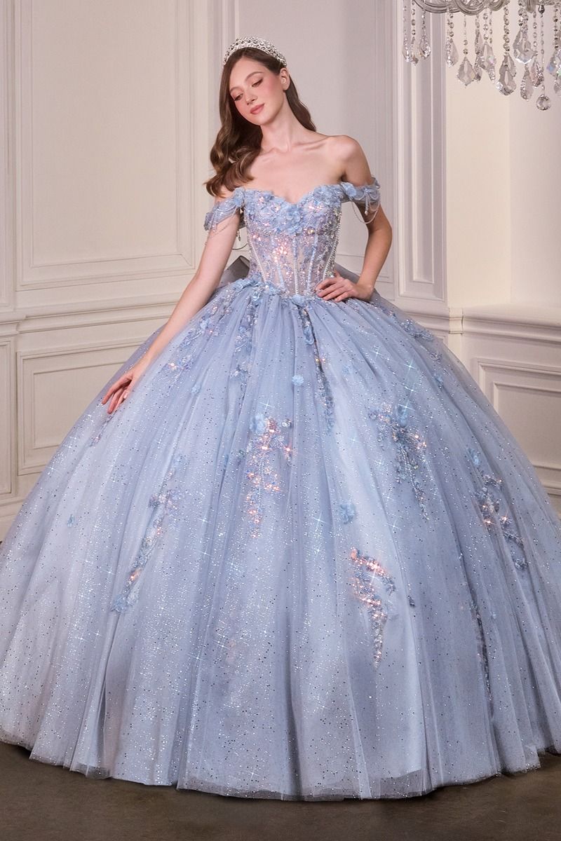 Off-Shoulder Floral Appliqué Quinceañera Ball Gown with Oversized Bow-0