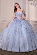 Off-Shoulder Floral Appliqué Quinceañera Ball Gown with Oversized Bow-0