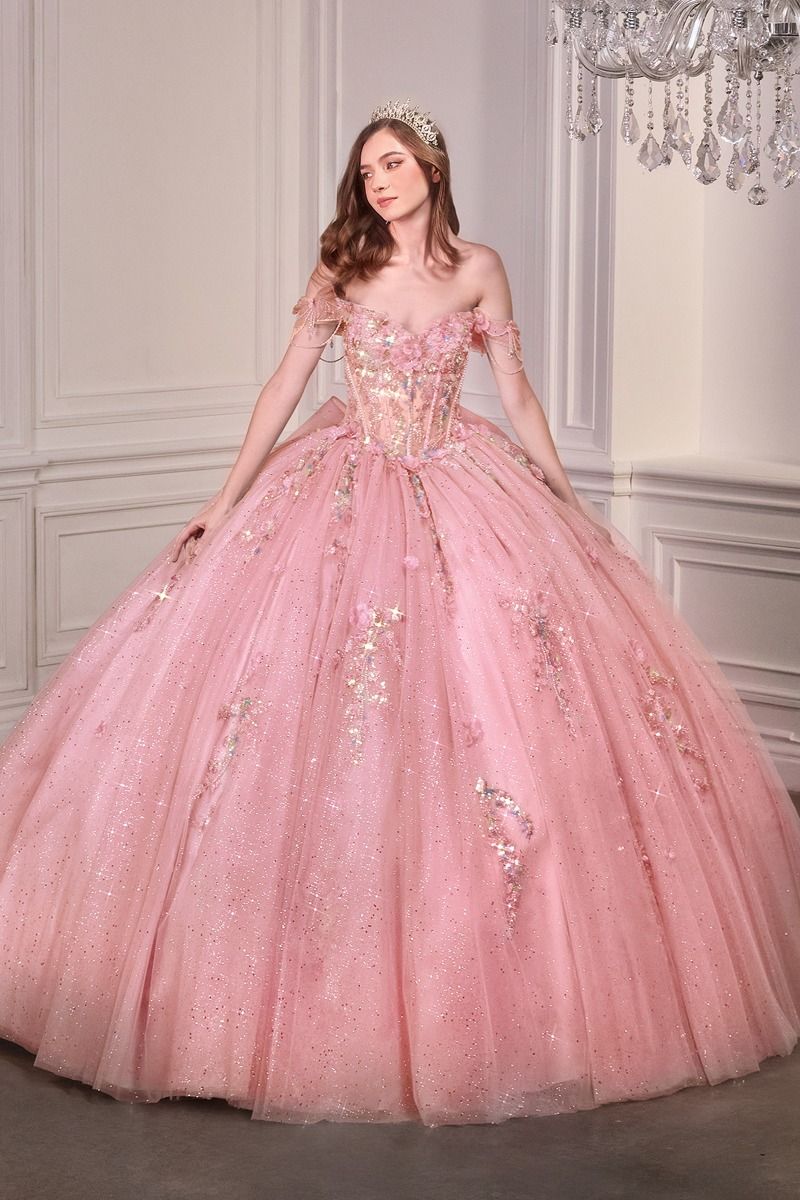 Off-Shoulder Floral Appliqué Quinceañera Ball Gown with Oversized Bow-3