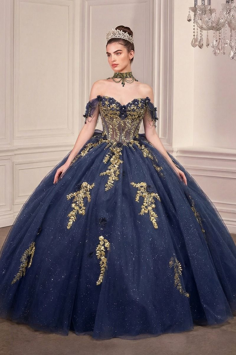 Off-Shoulder Floral Appliqué Quinceañera Ball Gown with Oversized Bow-4