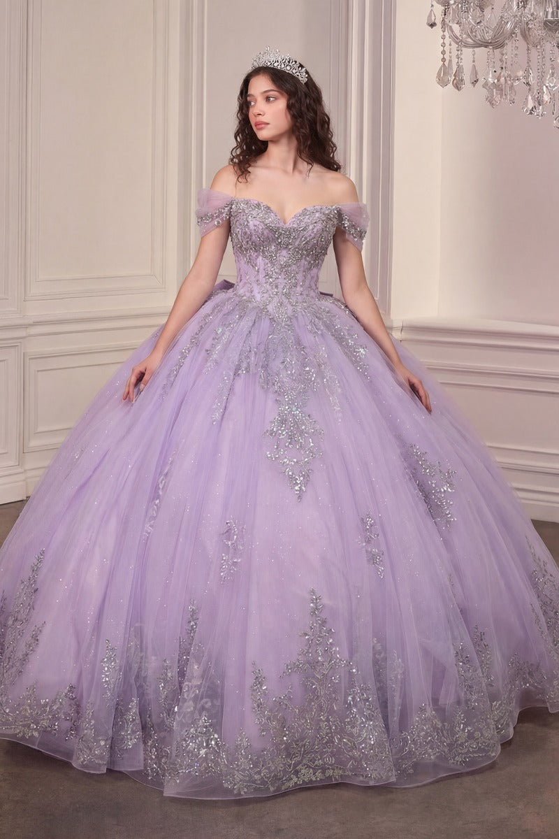 Regal Sweetheart Off-shoulder Ball Gown Quinceañera Dress With Crystal Corset & Glitter Tulle Skirt-0