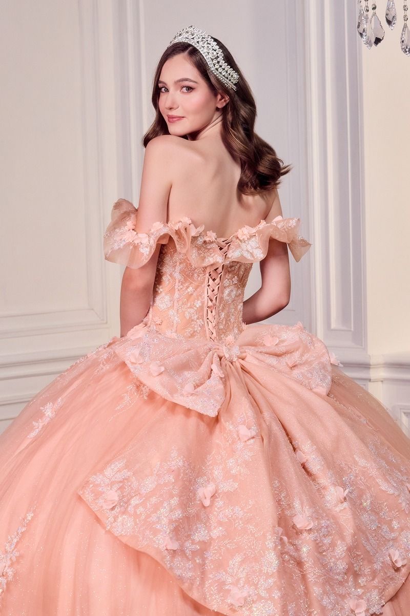 Blush Pink Off-Shoulder Floral Quinceañera Ball Gown with Oversized Bow-4