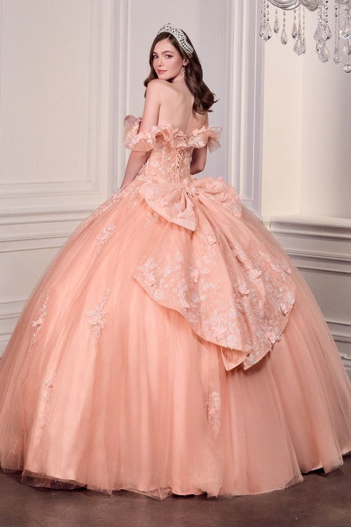 Blush Pink Off-Shoulder Floral Quinceañera Ball Gown with Oversized Bow-1