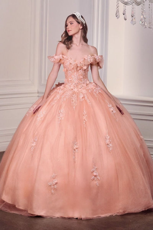 Blush Pink Off-Shoulder Floral Quinceañera Ball Gown with Oversized Bow-0