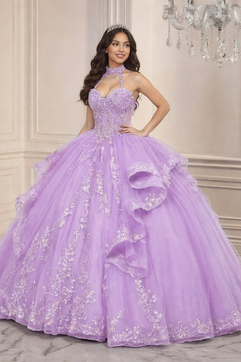 Quinceanera Tiered Ball Gown With Halter Neckline-3