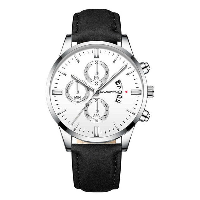 CUENA Fashion Men's Stainless Steel Watch Leather Band Analog Quartz Wrist Watch