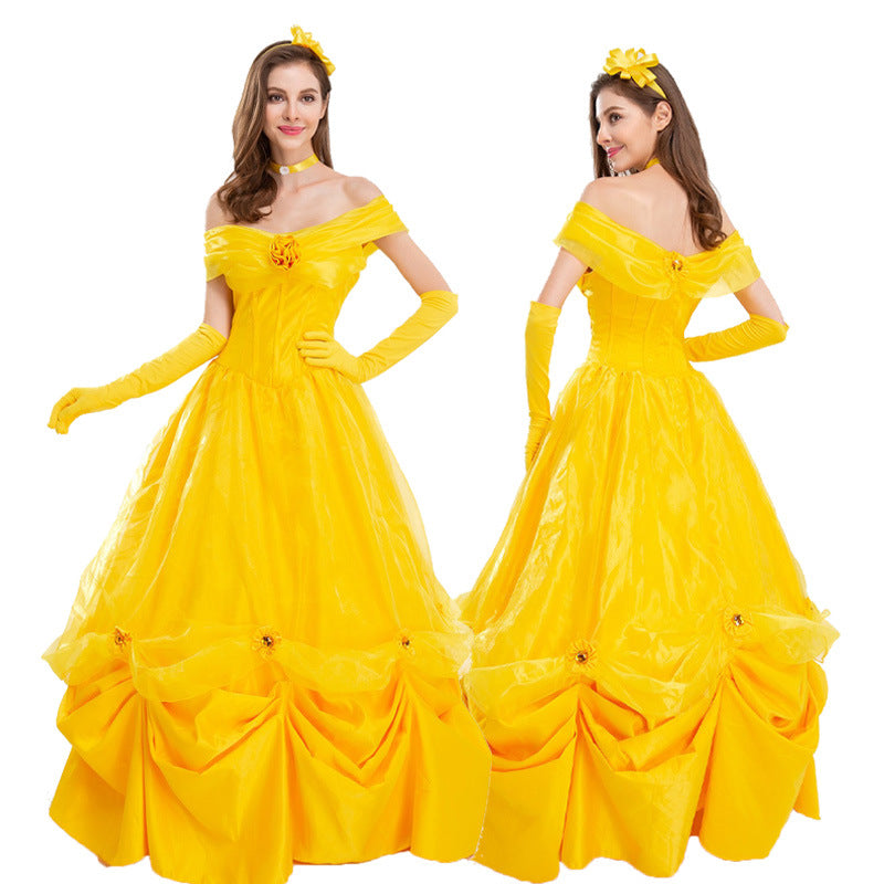 Beast Cosplay Belle Princess Yellow Dress for Women Adult Costume Stage Performance Dress