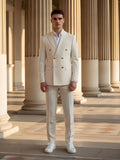 Men’s Slim Fit Cream Double-Breasted Wool-Blend Suit with Gold Buttons-0