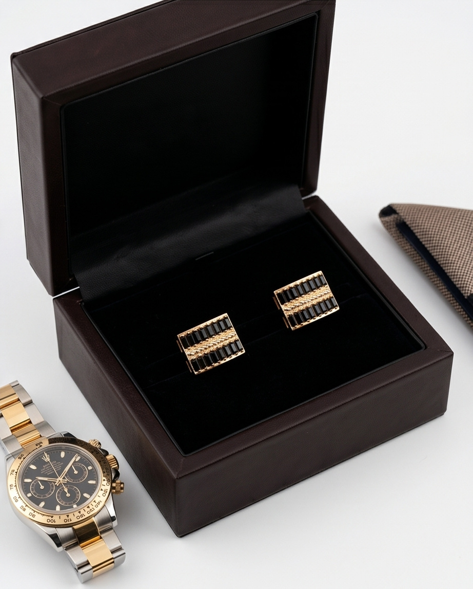 Rose Gold & Black Baguette Rectangular Cufflinks-3