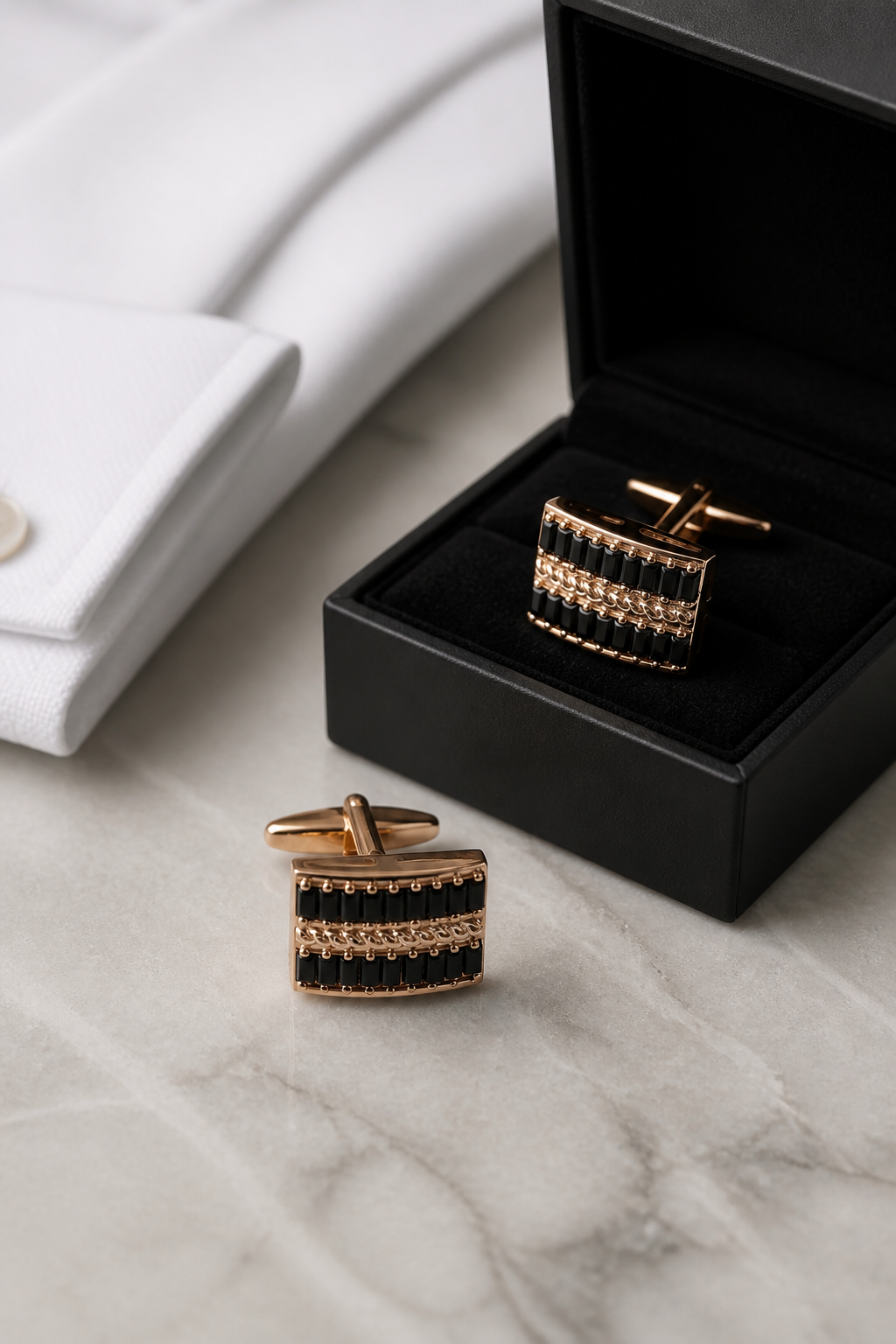 Rose Gold & Black Baguette Rectangular Cufflinks-0