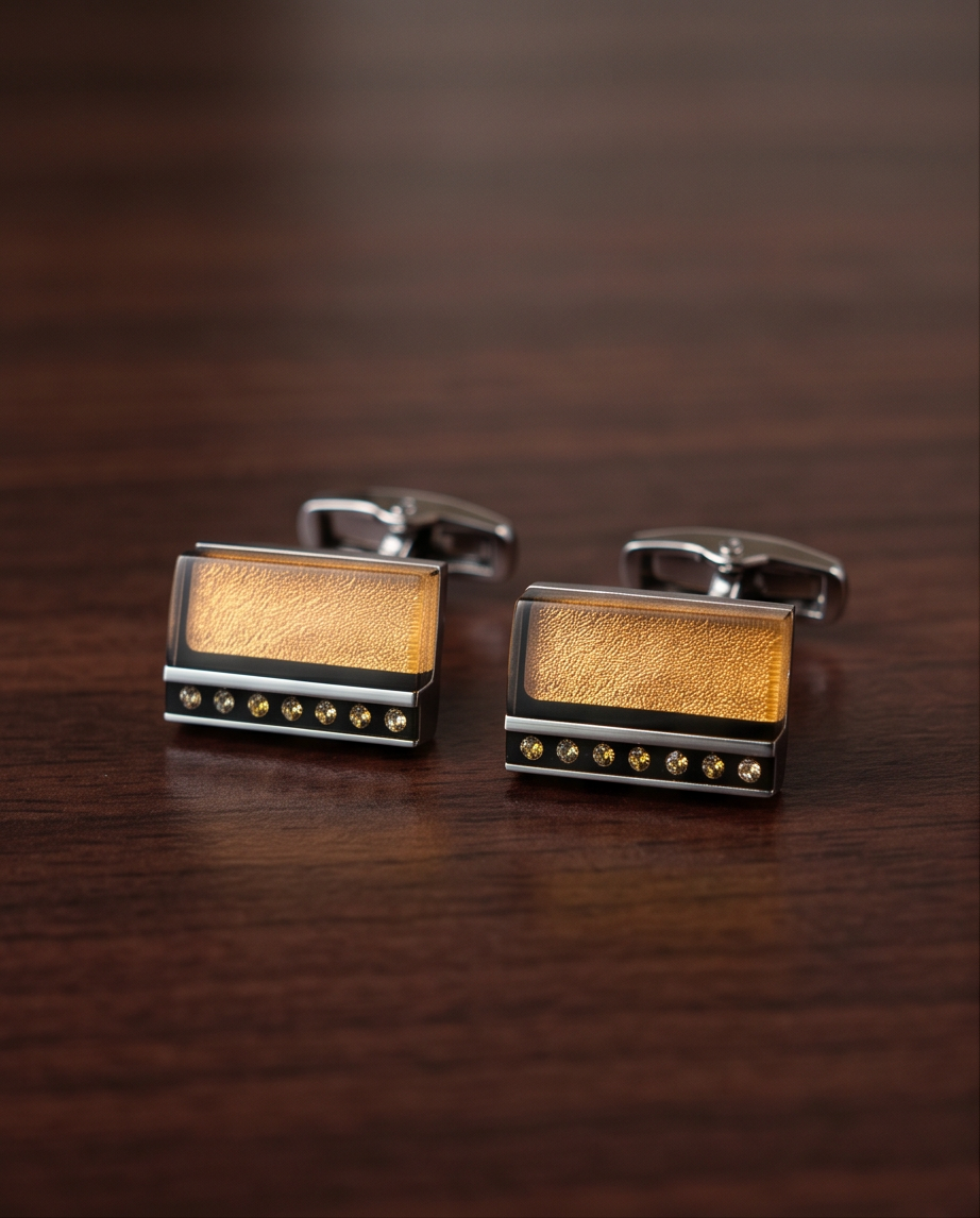 Textured Amber & Crystal Rectangle Cufflinks-0