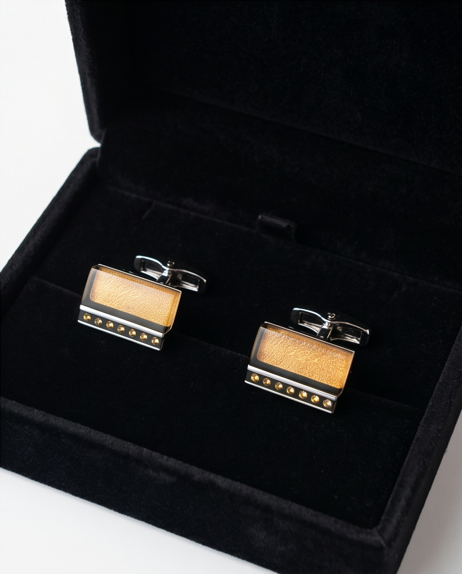 Textured Amber & Crystal Rectangle Cufflinks-3