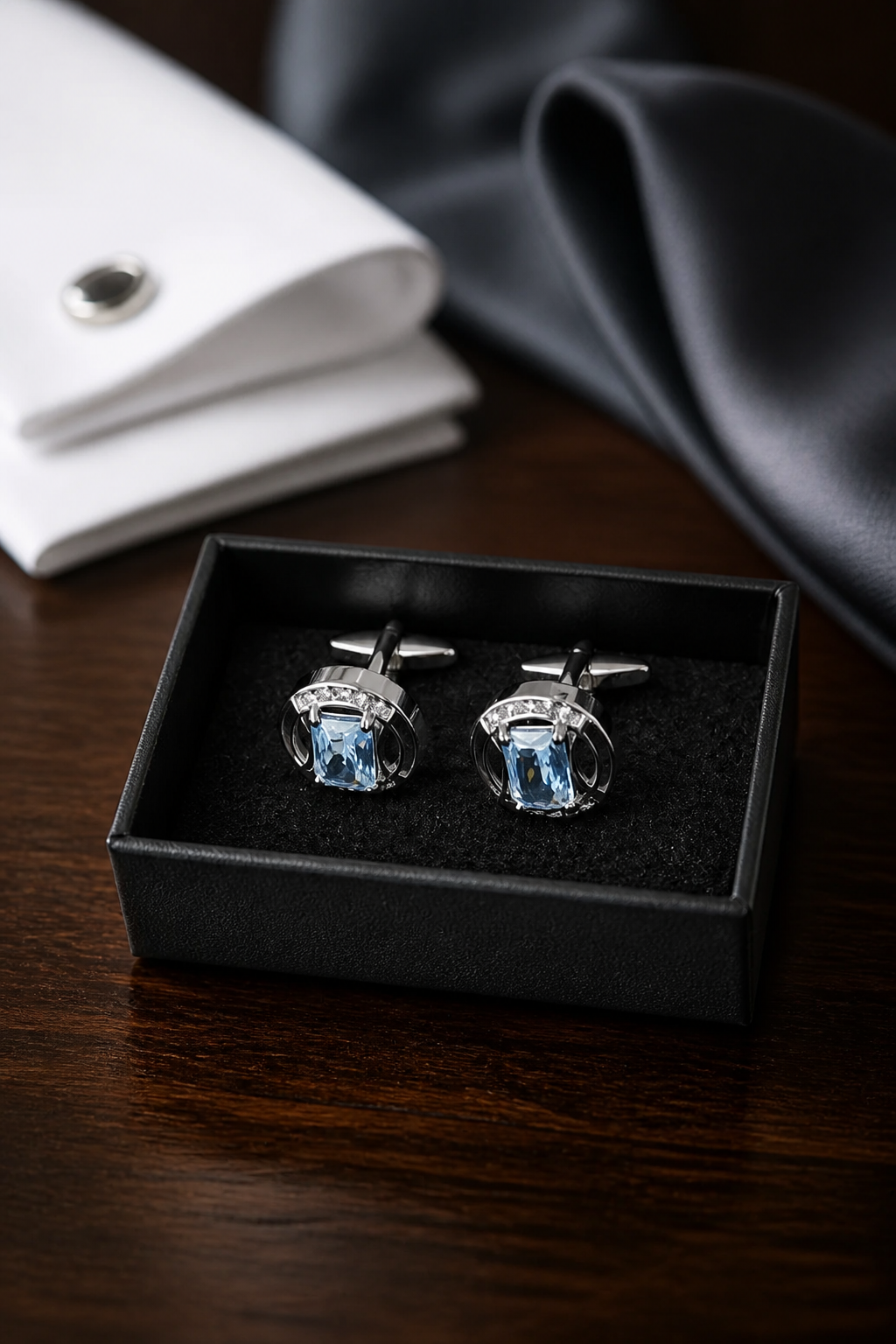 Sky Blue Crystal & Diamond Accent Cufflinks-0