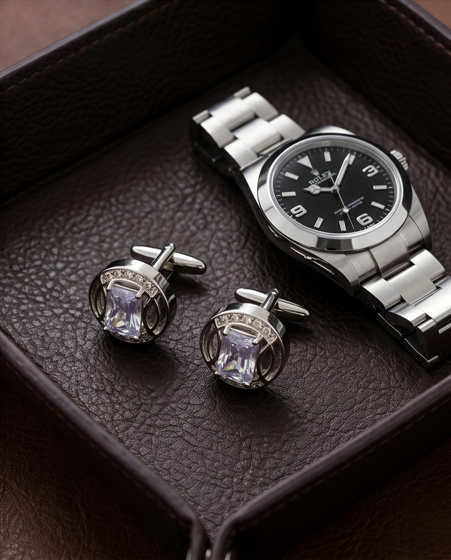 Sky Blue Crystal & Diamond Accent Cufflinks-3