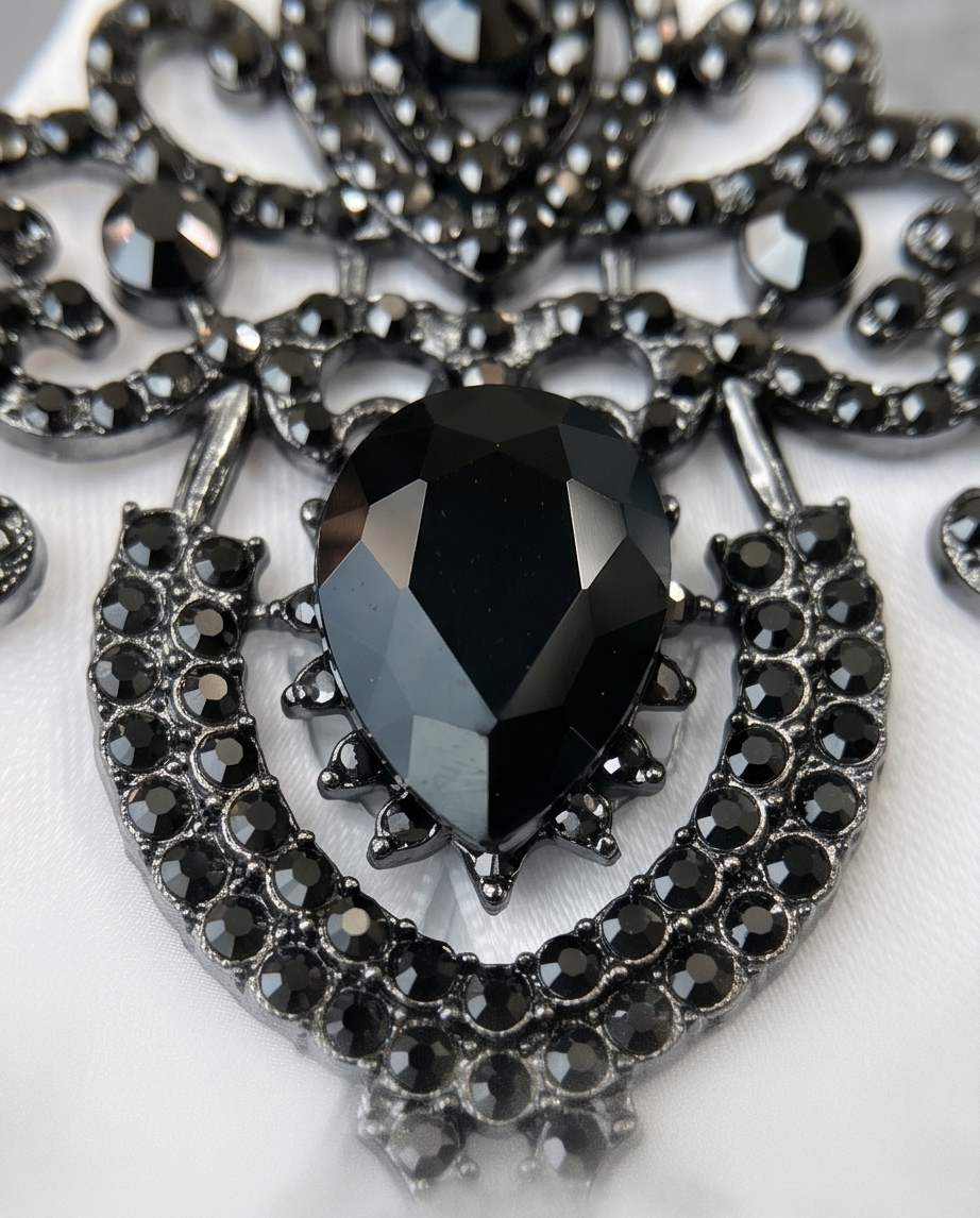 Ornate Black Gem & White Ribbon Bow Tie Brooch-3