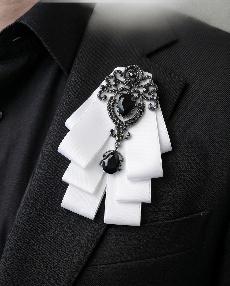 Ornate Black Gem & White Ribbon Bow Tie Brooch-2