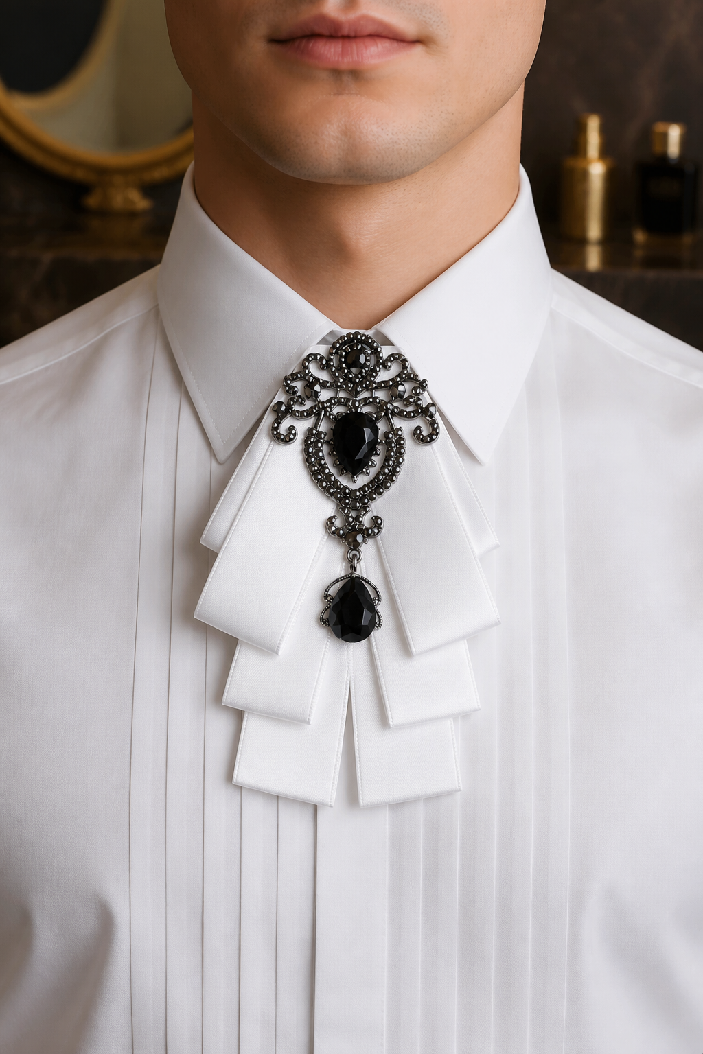 Ornate Black Gem & White Ribbon Bow Tie Brooch-1
