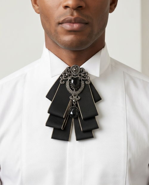 Bold Black Ribbon Bow Tie with Statement Gemstone Brooch-1
