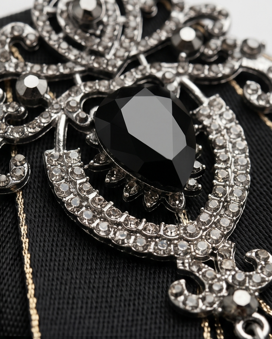 Bold Black Ribbon Bow Tie with Statement Gemstone Brooch-2