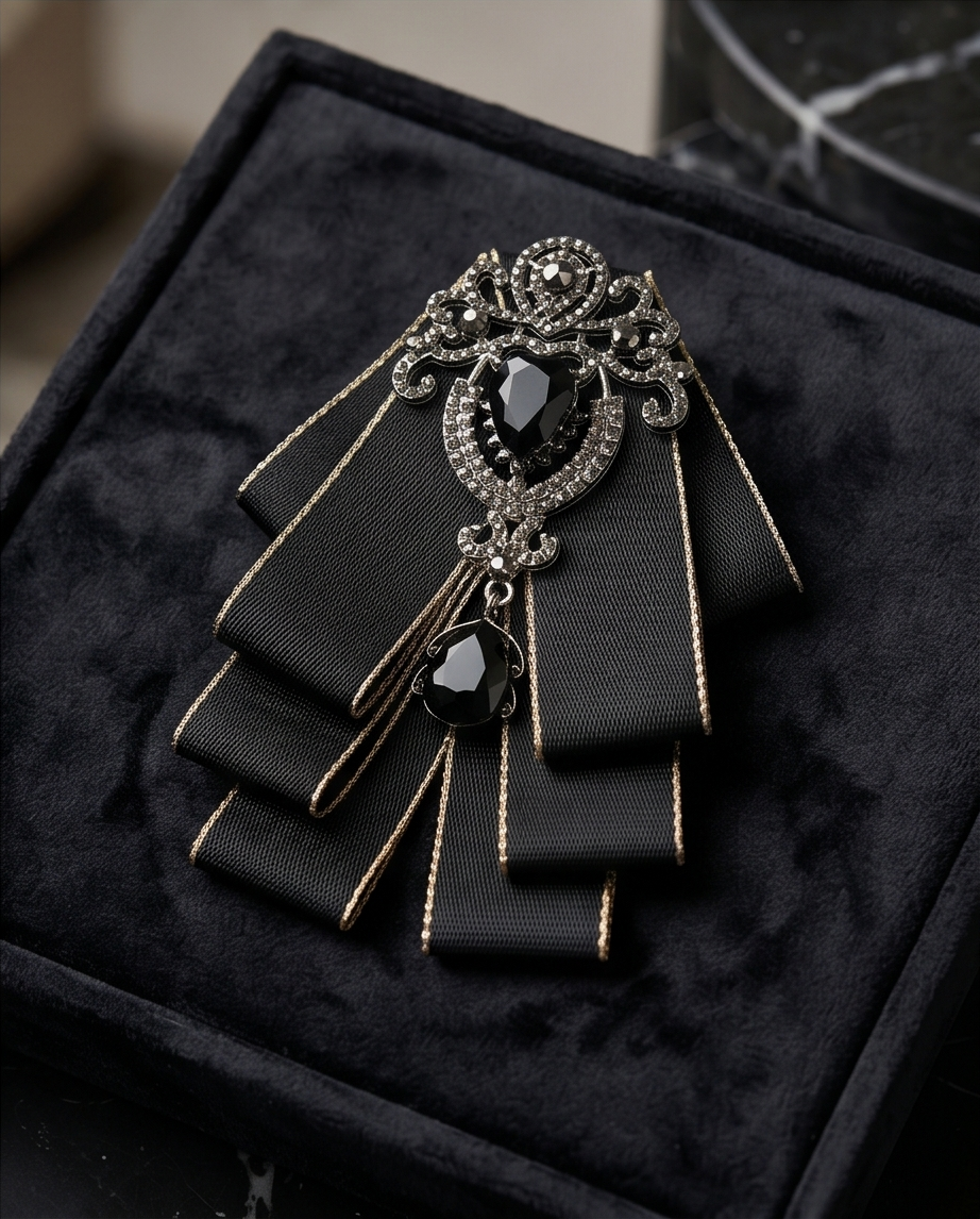 Bold Black Ribbon Bow Tie with Statement Gemstone Brooch-3