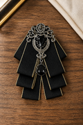 Bold Black Ribbon Bow Tie with Statement Gemstone Brooch-0