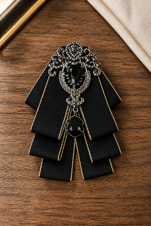 Bold Black Ribbon Bow Tie with Statement Gemstone Brooch-0
