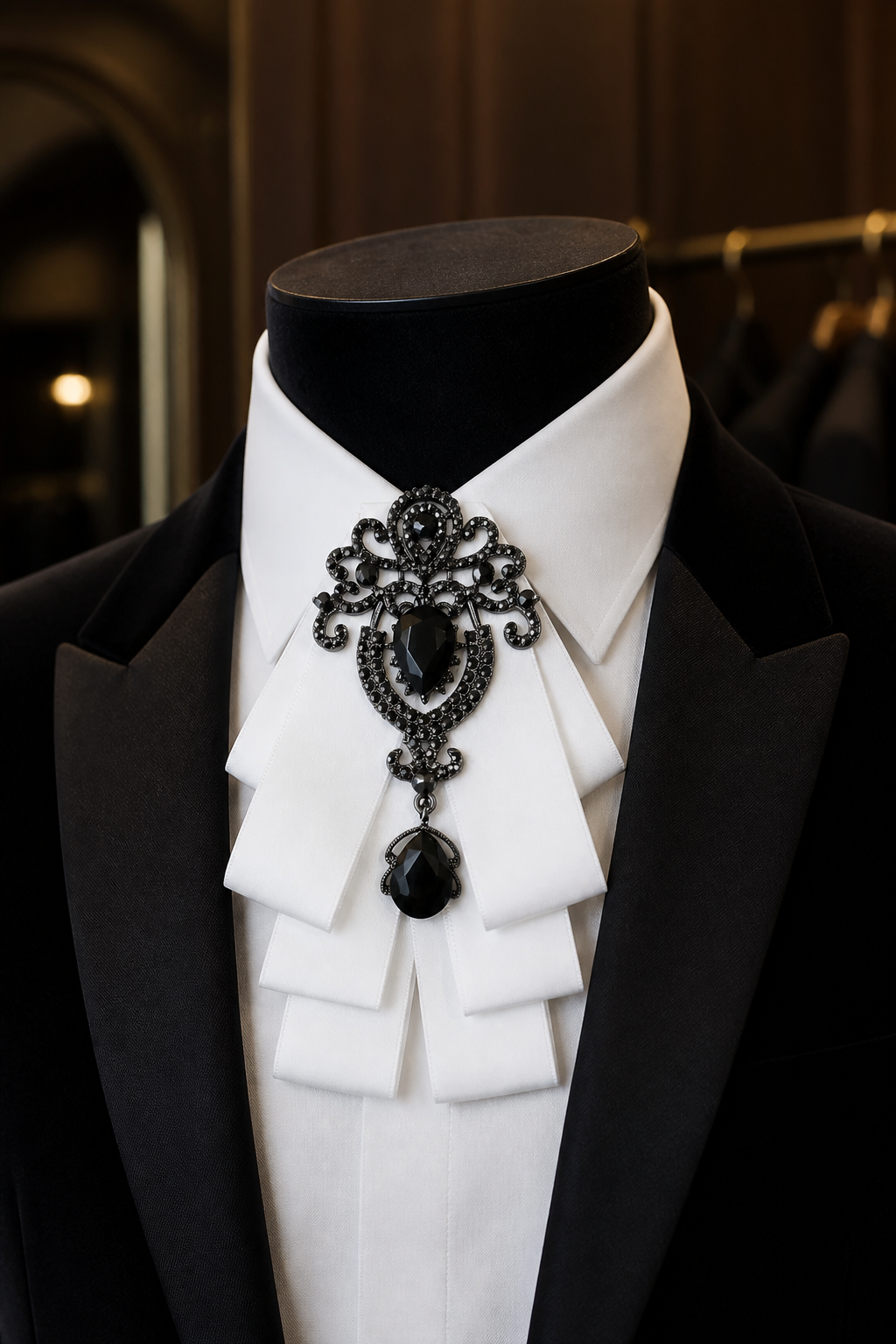 Ornate Black Gem & White Ribbon Bow Tie Brooch-4