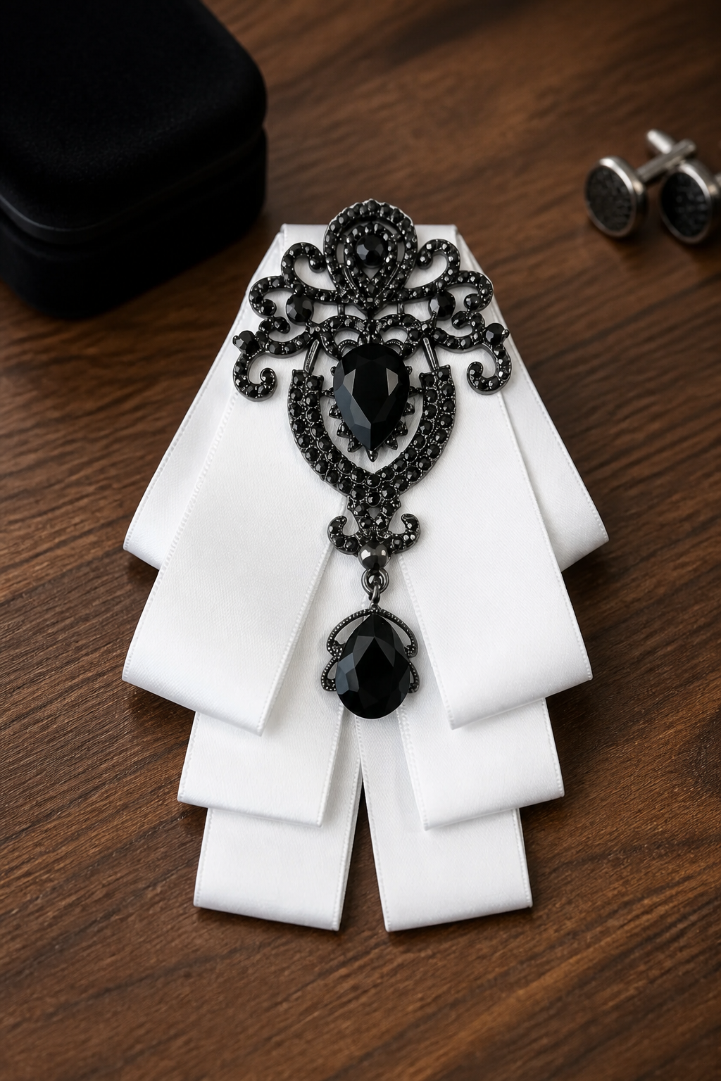 Ornate Black Gem & White Ribbon Bow Tie Brooch-0