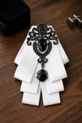 Ornate Black Gem & White Ribbon Bow Tie Brooch-0