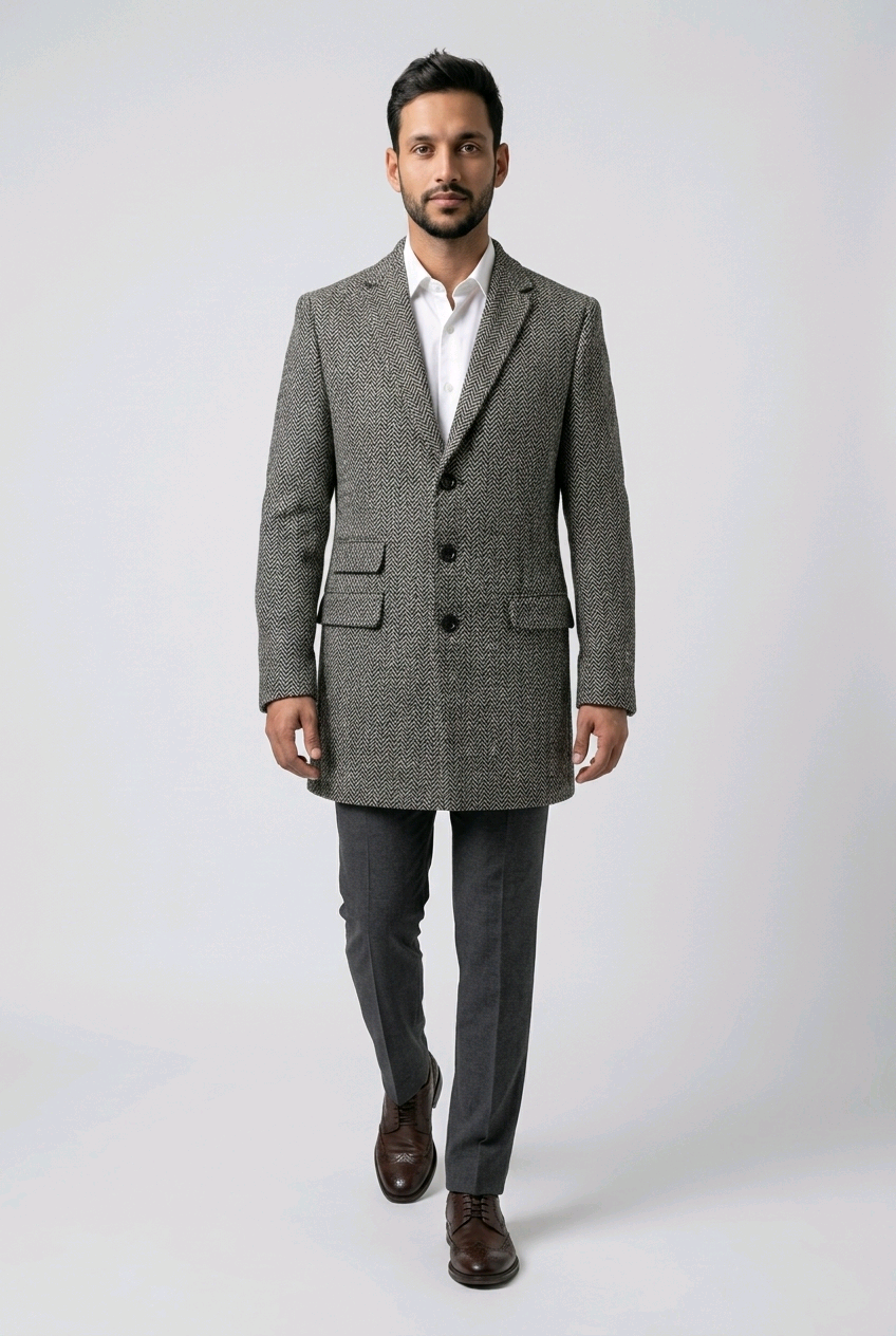 Men's Herringbone Wool Blend Coat-0