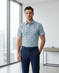 Sky Blue Checkered Short-Sleeve Shirt with Delicate Floral Print-0