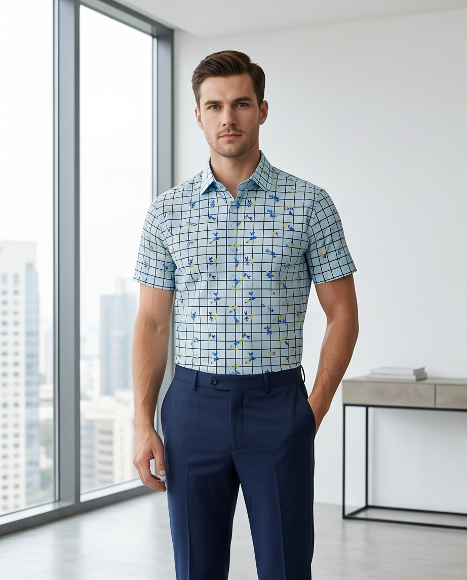 Sky Blue Checkered Short-Sleeve Shirt with Delicate Floral Print-0