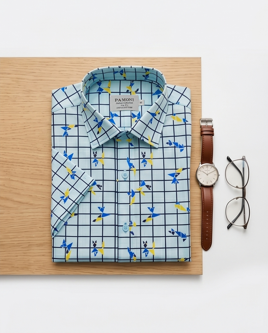 Sky Blue Checkered Short-Sleeve Shirt with Delicate Floral Print-1