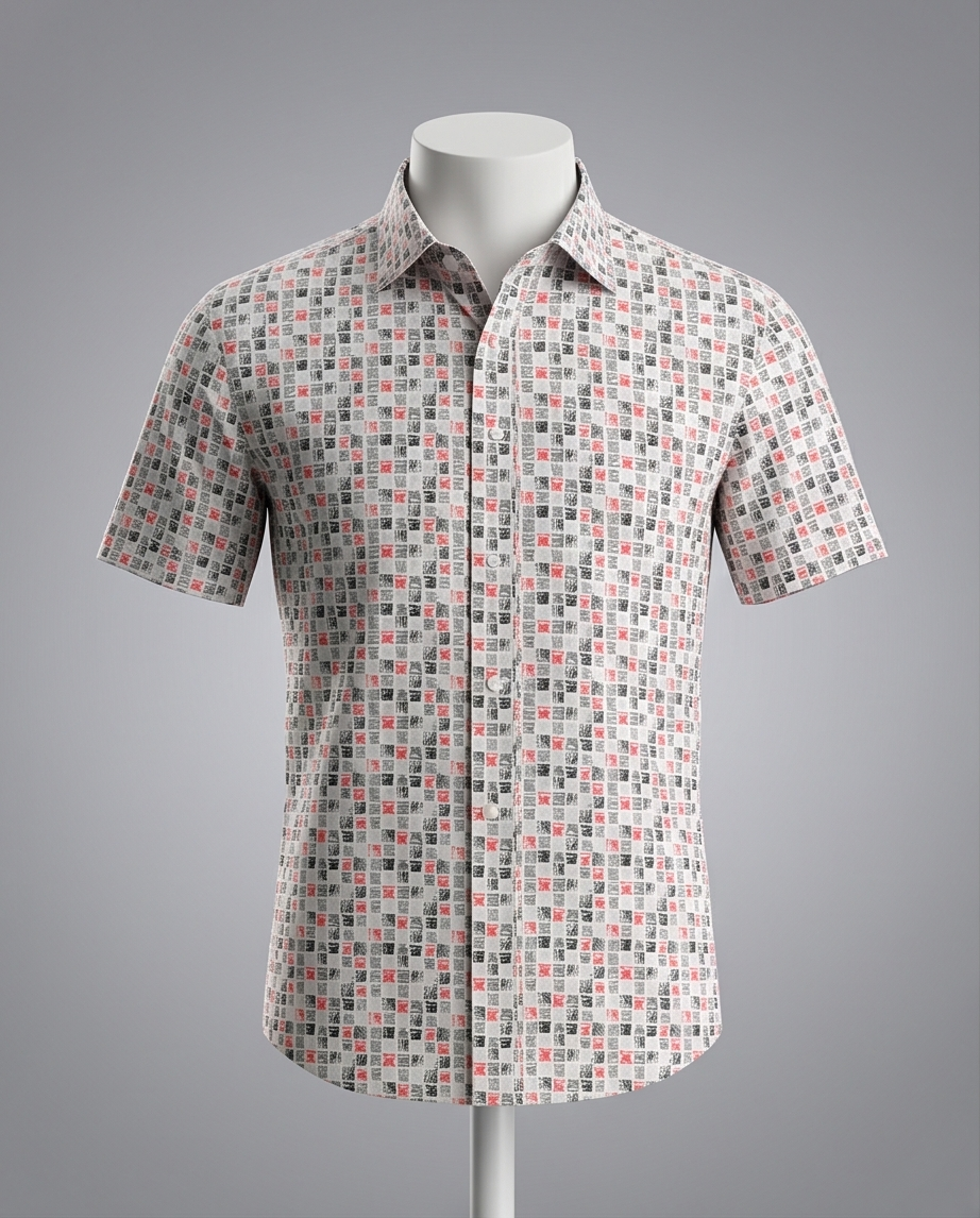 Textured Grid Print Short-Sleeve Cotton Shirt-2