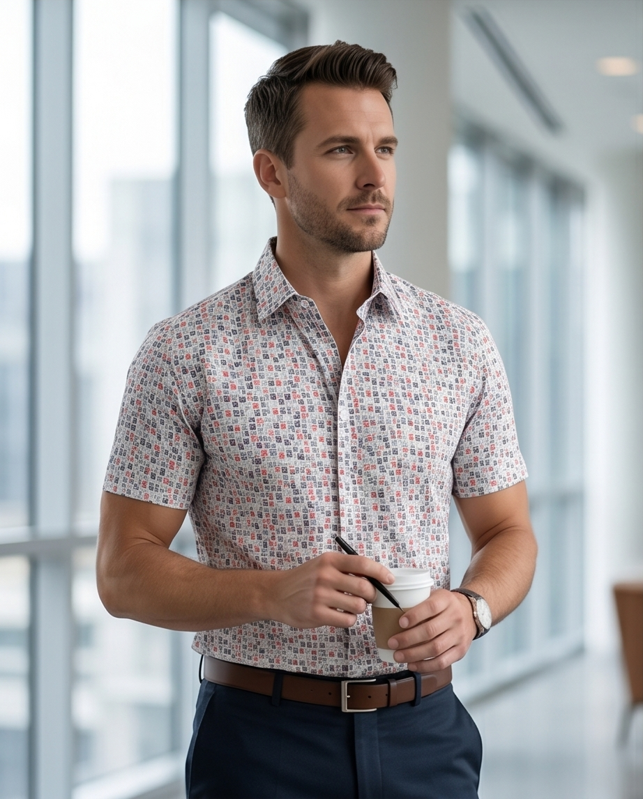 Textured Grid Print Short-Sleeve Cotton Shirt-0