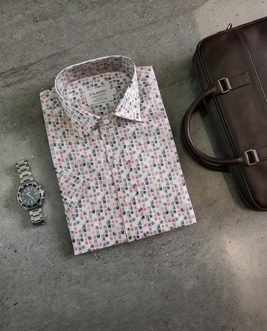 Textured Grid Print Short-Sleeve Cotton Shirt-1