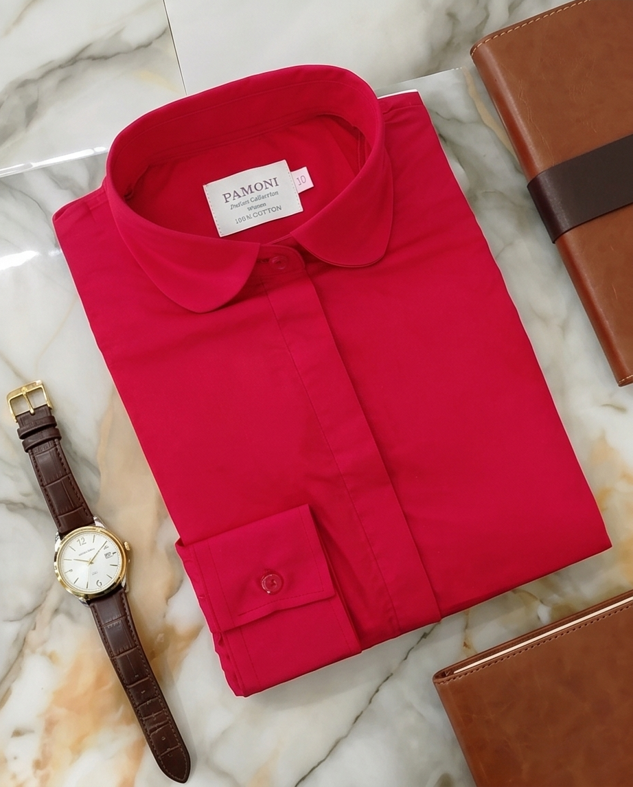 Red Fitted Cotton Shirt with Peter Pan Collar-3