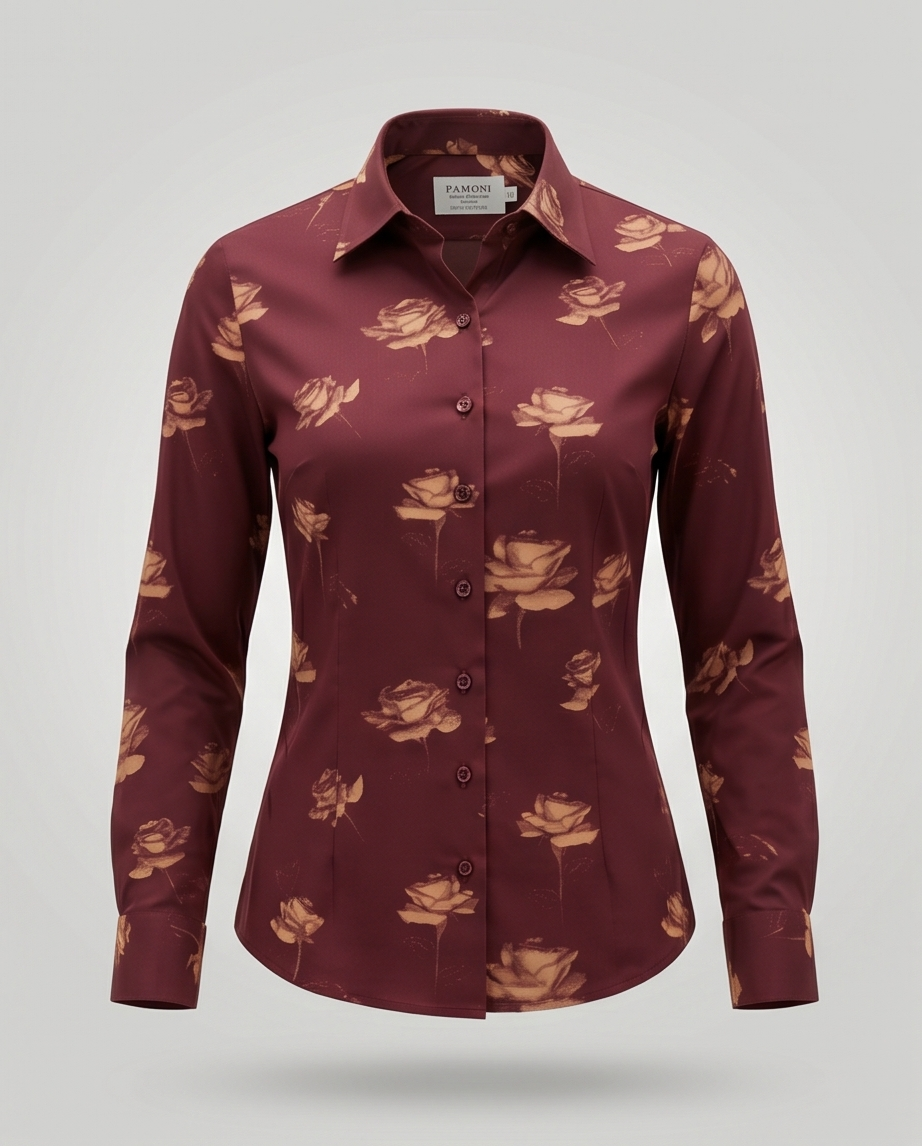 Blooming Burgundy: Fitted 100% Cotton Shirt with Rose Motif-1