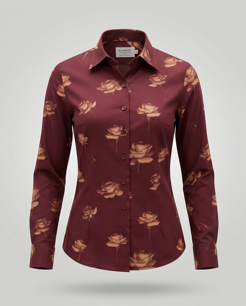 Blooming Burgundy: Fitted 100% Cotton Shirt with Rose Motif-1