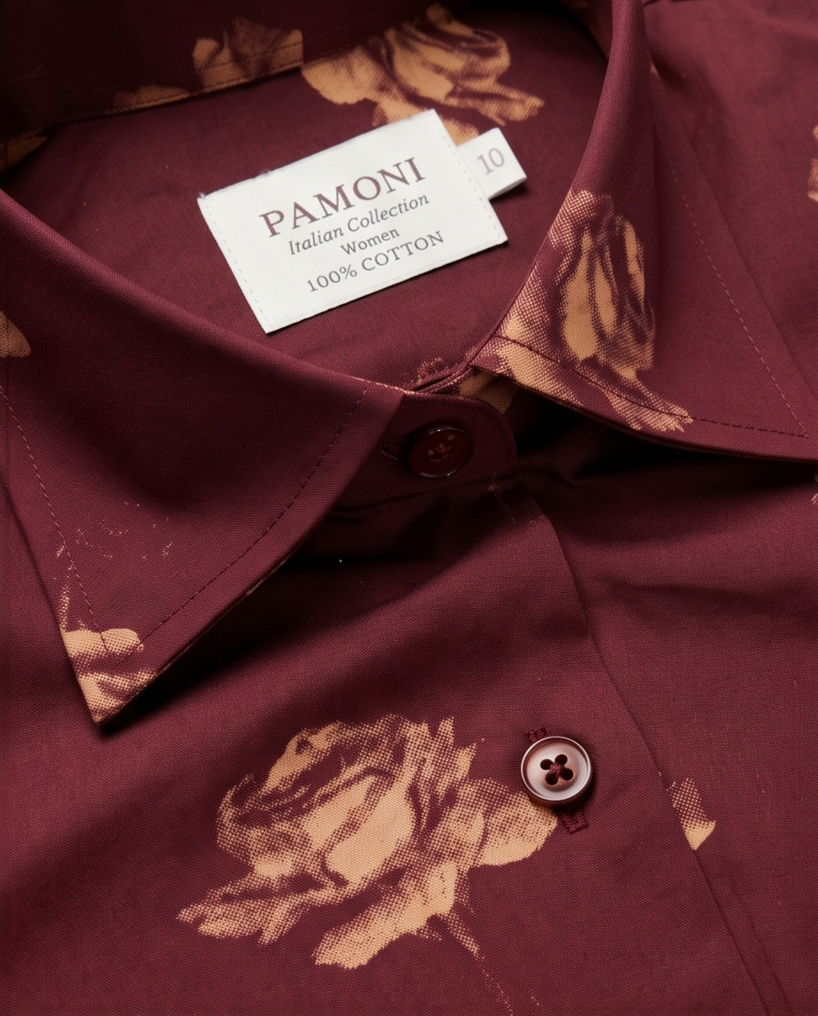 Blooming Burgundy: Fitted 100% Cotton Shirt with Rose Motif-2