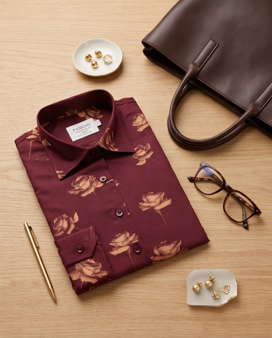 Blooming Burgundy: Fitted 100% Cotton Shirt with Rose Motif-3