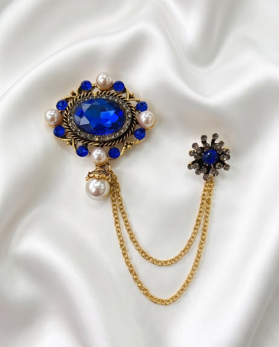 Royal Blue Gemstone & Pearl Lapel Chain Brooch-2