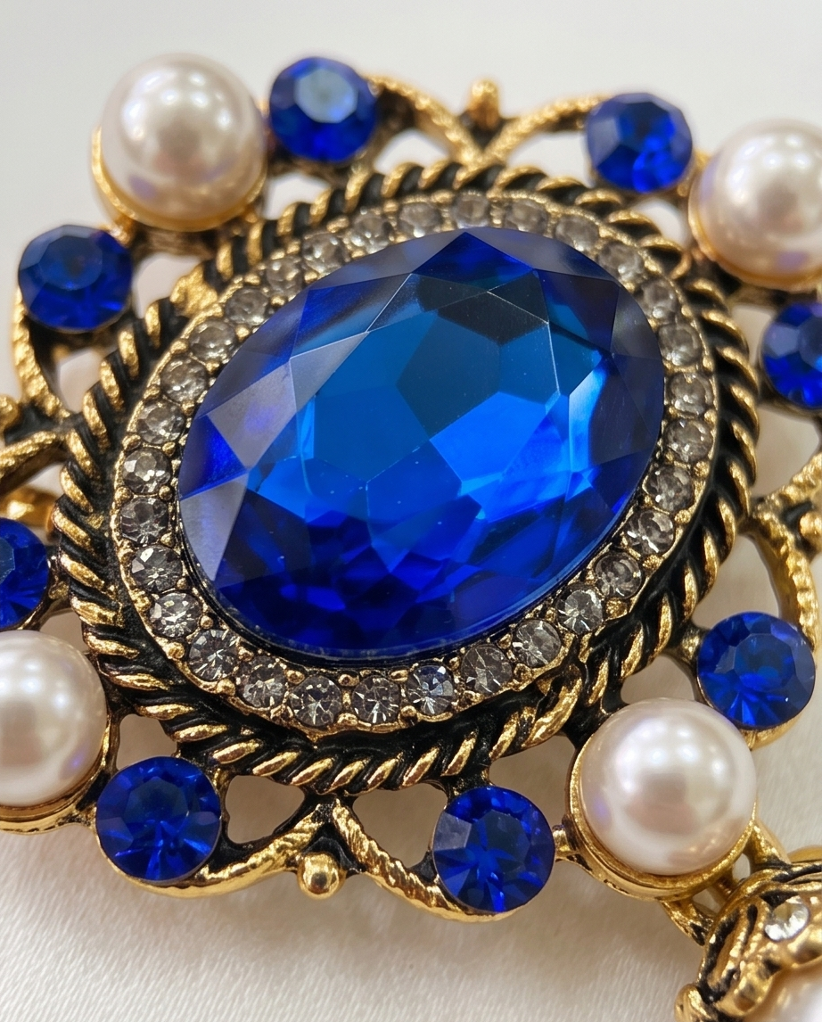 Royal Blue Gemstone & Pearl Lapel Chain Brooch-3