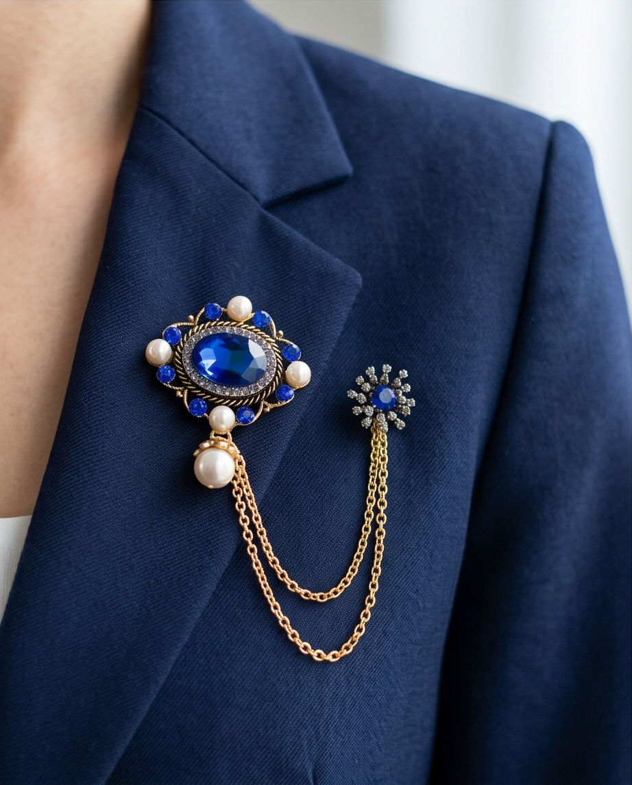 Royal Blue Gemstone & Pearl Lapel Chain Brooch-1