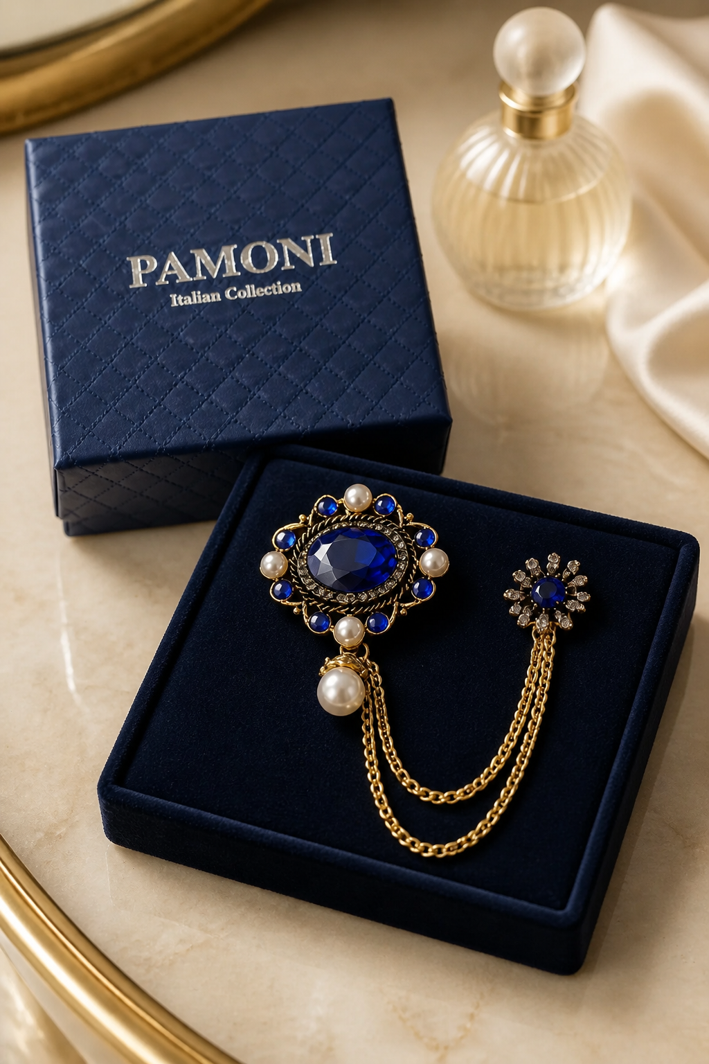 Royal Blue Gemstone & Pearl Lapel Chain Brooch-0
