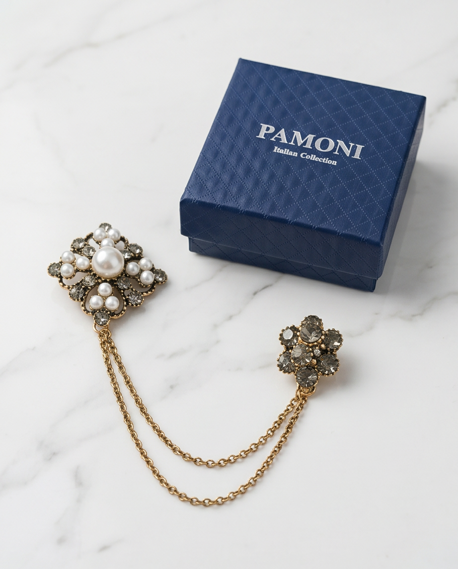 Ornate Pearl and Crystal Lapel Chain Brooch-2