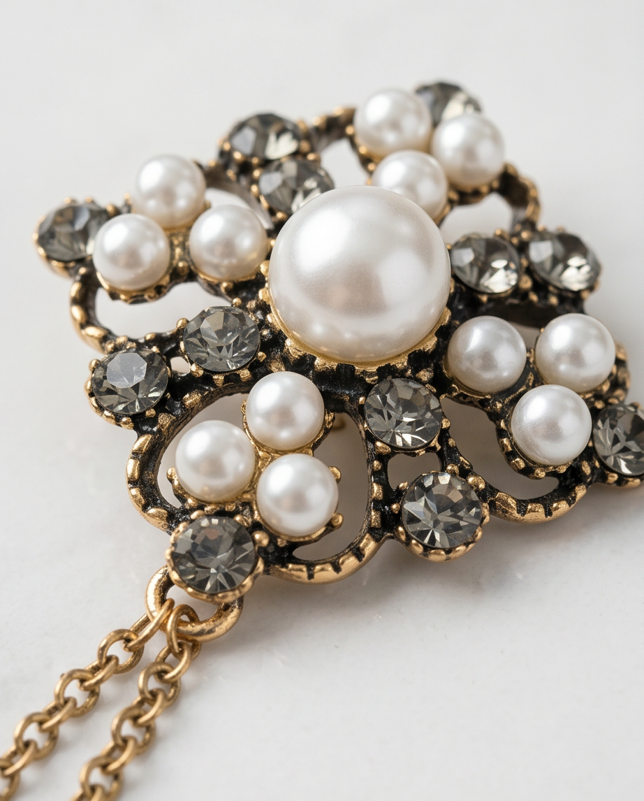 Ornate Pearl and Crystal Lapel Chain Brooch-3