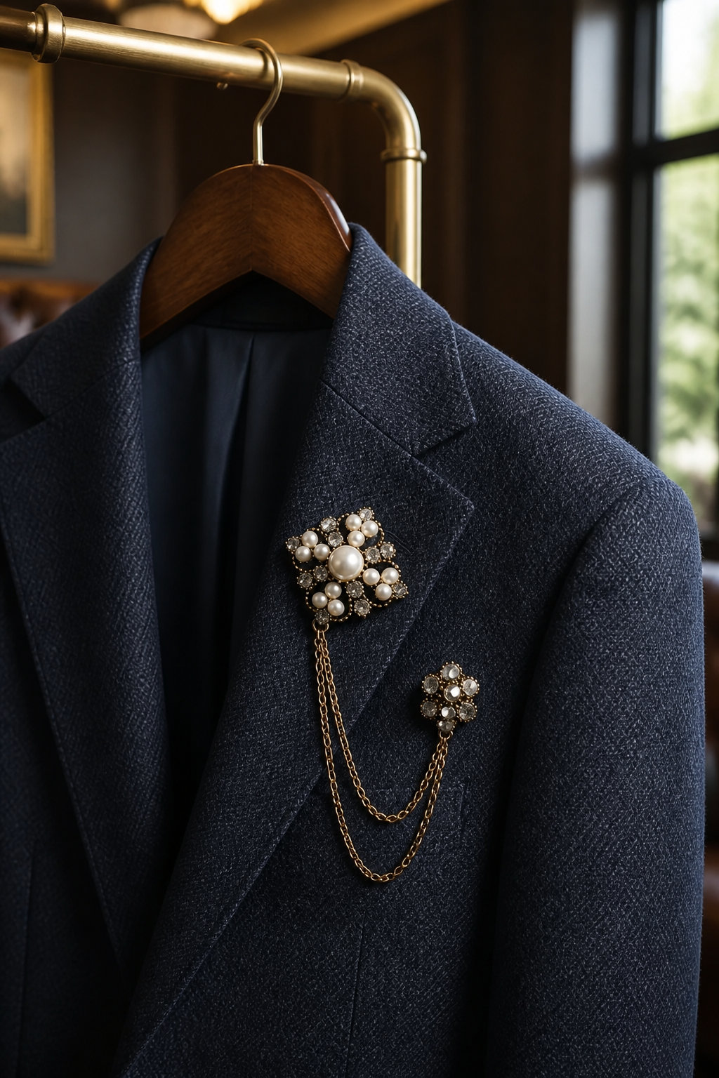 Ornate Pearl and Crystal Lapel Chain Brooch-1