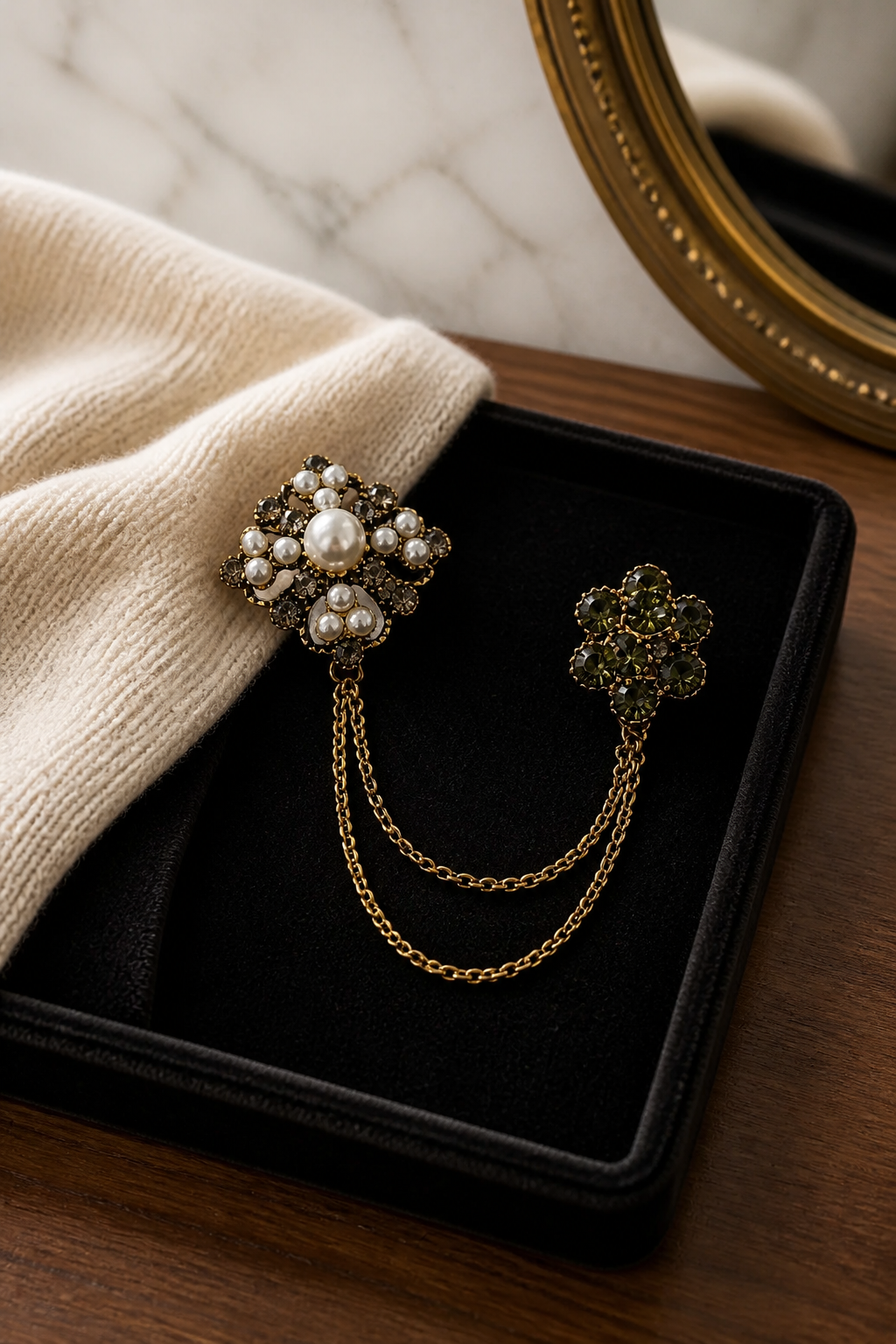 Ornate Pearl and Crystal Lapel Chain Brooch-0
