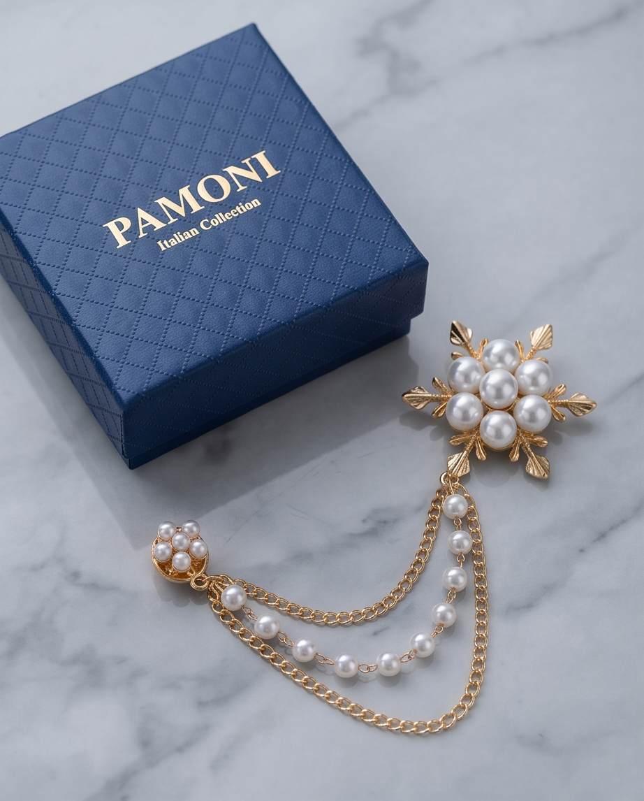 Elegant Pearl and Gold Lapel Chain Brooch-2